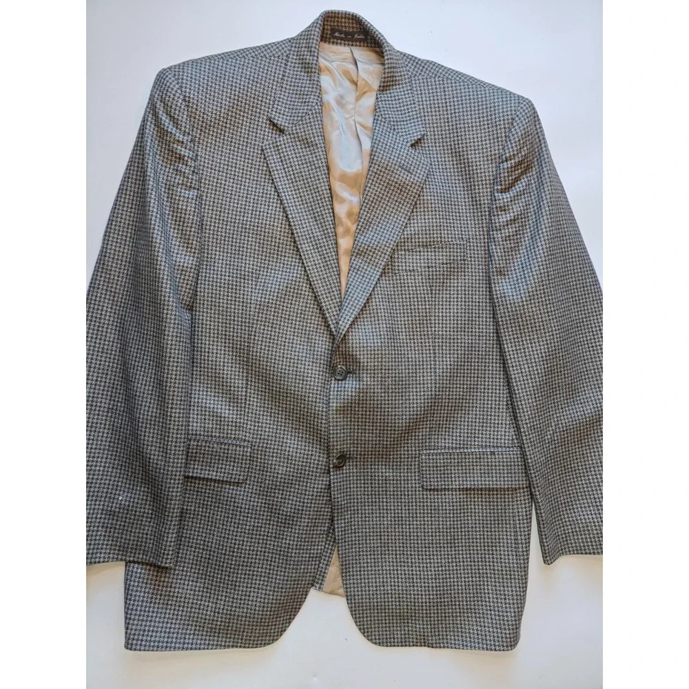 Chaps Mens Lambswool Sport Coat Blazer 42R Gray Houndstooth 2 Button Tweed